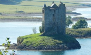 Castle Stalker, from a ridge by the road, September 2014